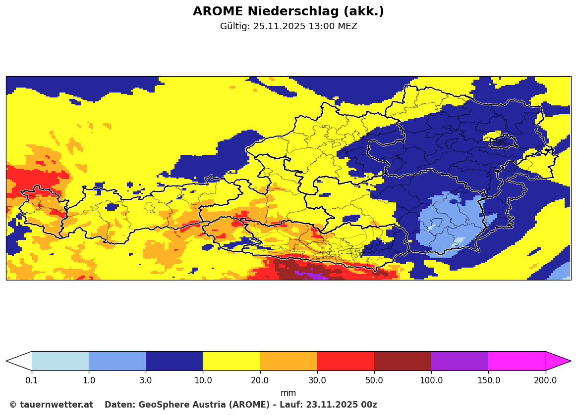 AROME-Modell zeigt Niederschlagssumme von Montag bis Mittwoch Früh
